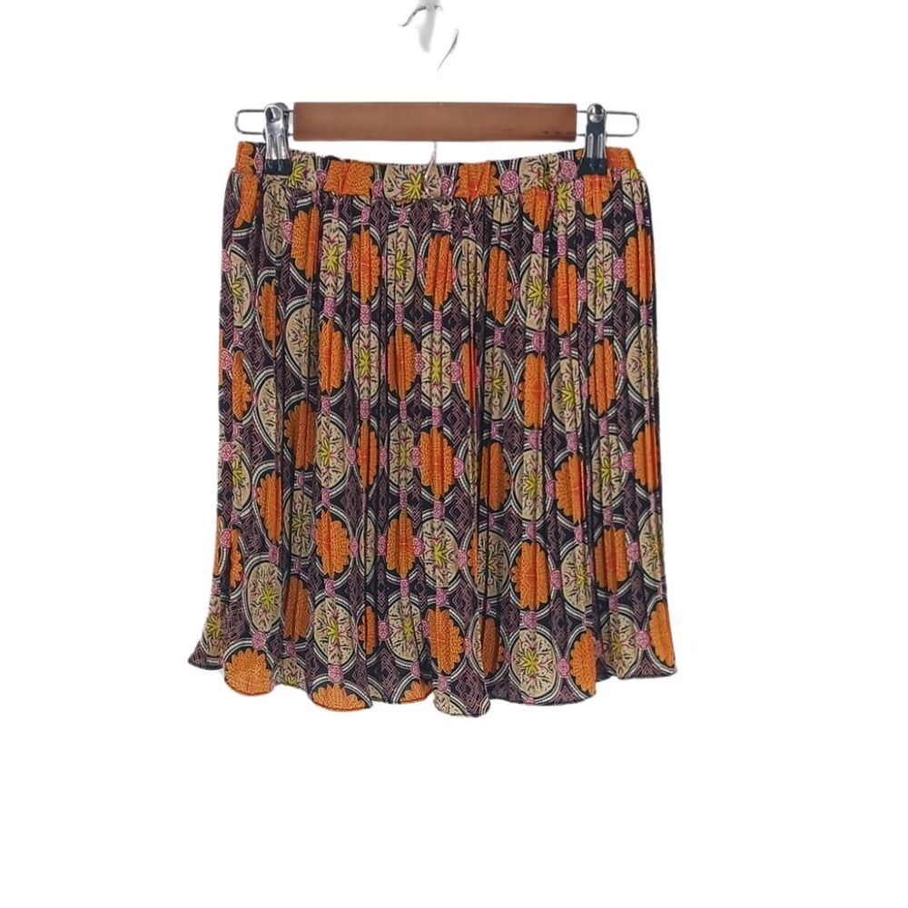 Freeway Orange Multi Abstract Print Pleated Mini Skirt Sz Small